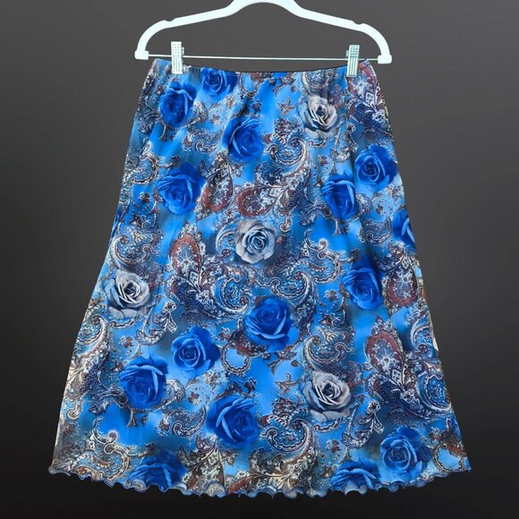 Y2K Blue Paisley Floral Midi Skirt Mesh Overlay Size L Fairy boho Elastic Waist - Picture 1 of 6